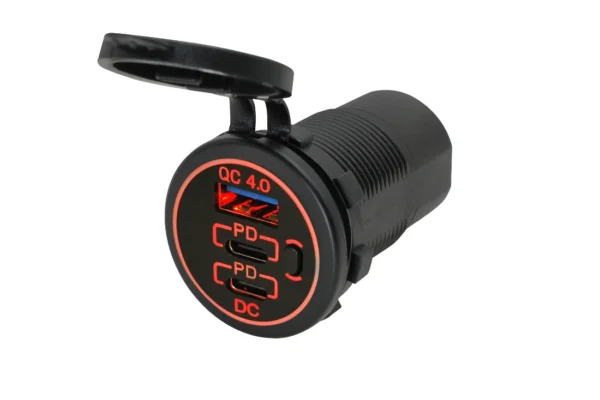 Adaptér - menič napätia 12/24V → USB-C QC4:PD + 1x USB-A- červené podsvietenie